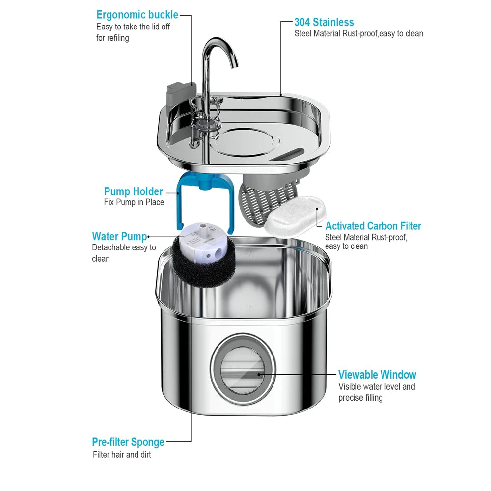 ZYFeeder 2.2L Automatic Stainless Steel Cat Water Fountain